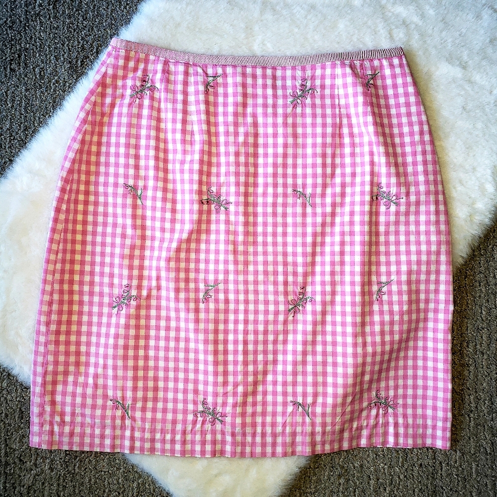 Lilly Pulitzer Vintage 8 White Label Pink Gingham Check Floral Embroidered Skirt